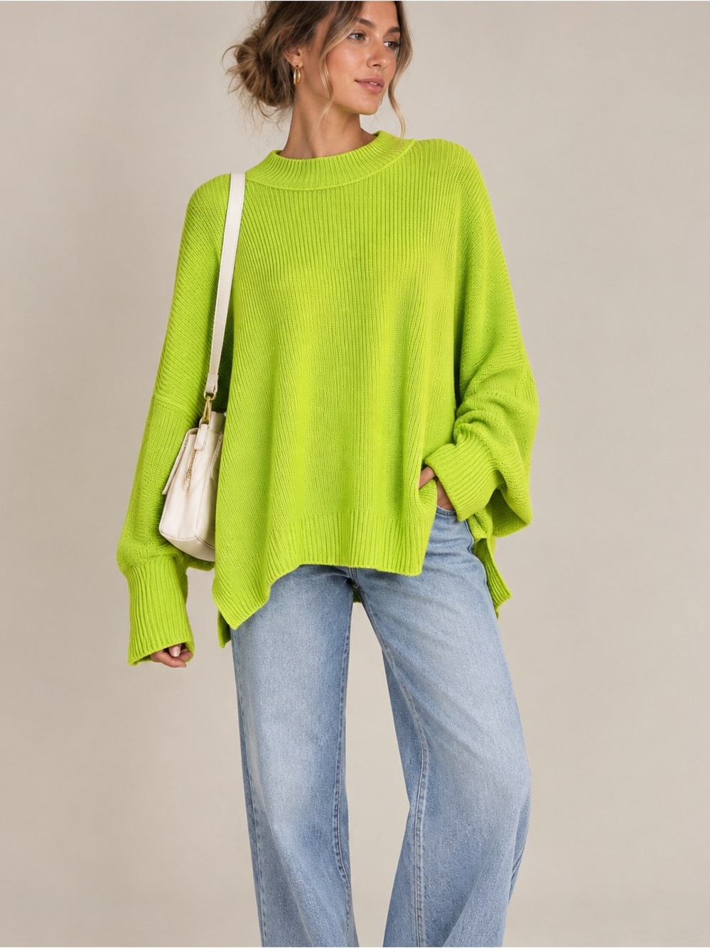 Free People Oversized Neon Lime Green Ribbed Pullover Sweater size Large